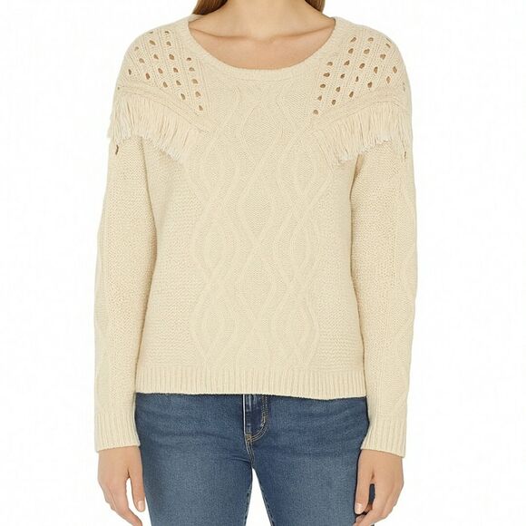 Boston Proper Oatmeal Cream Cable Knit Fringe Sweater - Size Large - Picture 1 of 14